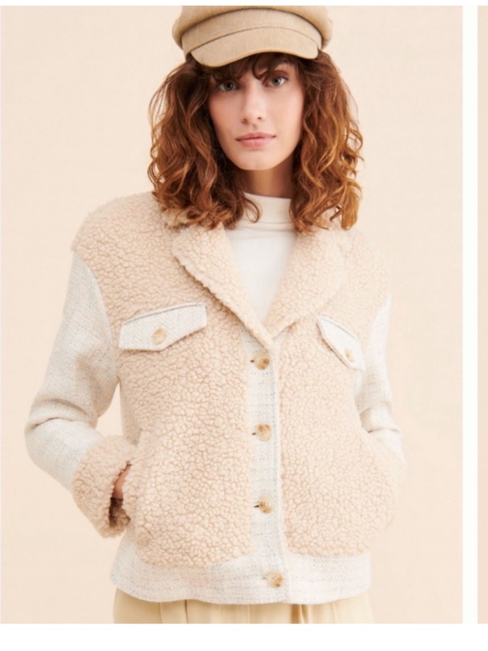 Anthropologie Greylin Cream Sherpa Button-Front Jacket